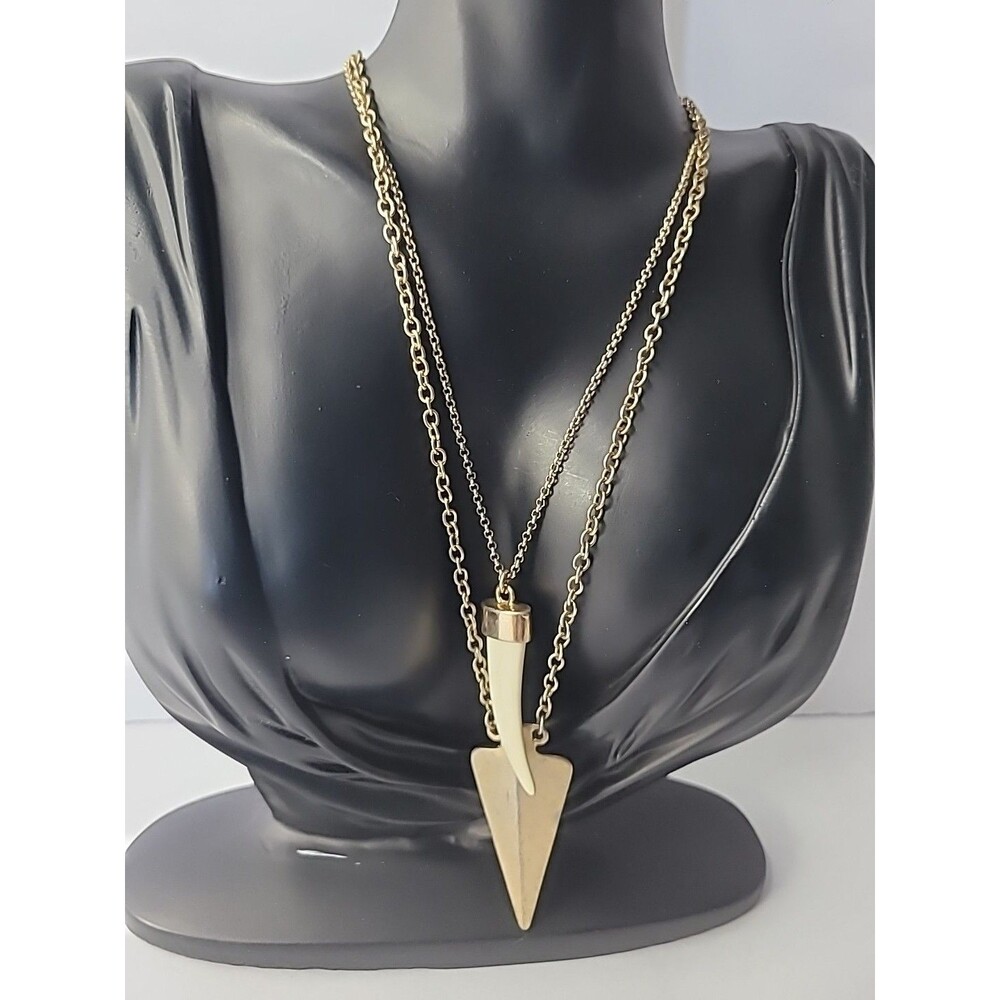 Vintage Faux Fang Gold‎ Tone Arrowhead Necklace Multi Strand Boho Jewelry